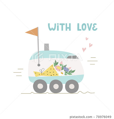 Romantic illustration how self driving robot is carrying flower. Lettering With love. Vector illustration for web, shop, banner Romantic illustration how self driving robot is carrying flower. Lettering With love. Vector illustration for web, shop, banner 78976049