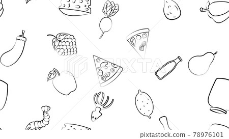 Black and white endless seamless pattern of food and snack items icons set for restaurant bar cafe: shrimp, pizza, grapes, radish, soda, eggplant, squid, apple, cheese, lemon. The background 78976101