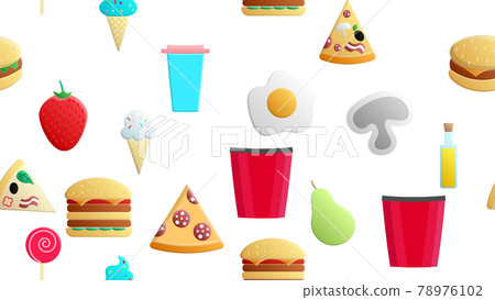 Endless white seamless pattern of delicious food and snack items icons set for restaurant bar cafe: ice cream, burger, pizza, popcorn, drink, pear, strawberry. The background Endless white seamless pattern of delicious food and snack items icons set for restaurant bar cafe: ice cream, burger, pizza, popcorn, drink, pear, strawberry. The background 78976102