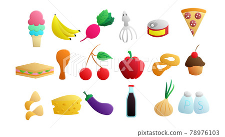 Set of 15 icons of items of delicious food and snacks for a cafe bar restaurant on a white background: ice cream, vegetables, fruits, seafood, baked goods Set of 15 icons of items of delicious food and snacks for a cafe bar restaurant on a white background: ice cream, vegetables, fruits, seafood, baked goods 78976103