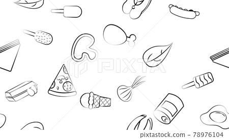 Black and white endless seamless pattern of food and snack items icons set for restaurant bar cafe: hot dog, sandwich, pizza, ice cream, eggs, fish. The background Black and white endless seamless pattern of food and snack items icons set for restaurant bar cafe: hot dog, sandwich, pizza, ice cream, eggs, fish. The background 78976104