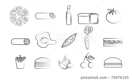 Black and white set of 15 food and snack items icons for restaurant bar cafe: pizza, sausage, butter, bread, tomato, egg, peas, carrots. The background Black and white set of 15 food and snack items icons for restaurant bar cafe: pizza, sausage, butter, bread, tomato, egg, peas, carrots. The background 78976105
