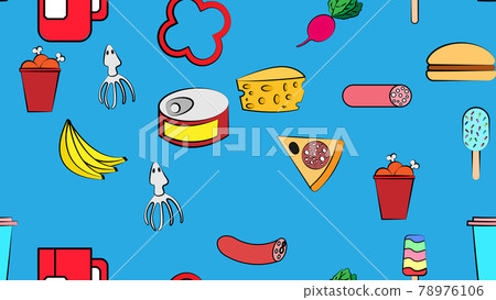 Endless blue seamless pattern from a set of icons of delicious food and snacks items for a restaurant bar cafe: pizza, sausage, vegetables, cheese ice cream, tea, coffee, burger. The background Endless blue seamless pattern from a set of icons of delicious food and snacks items for a restaurant bar cafe: pizza, sausage, vegetables, cheese ice cream, tea, coffee, burger. The background 78976106