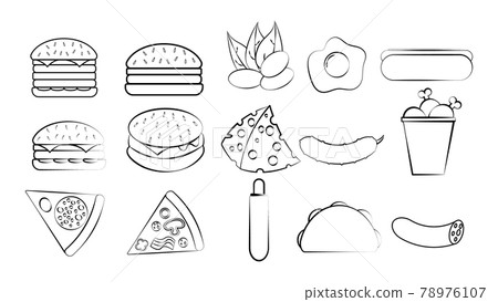 Black and white set of 15 food and snack items icons for restaurant bar cafe: burgers, nuts, pizza, cheese, hot dog, burinno, chicken. The background Black and white set of 15 food and snack items icons for restaurant bar cafe: burgers, nuts, pizza, cheese, hot dog, burinno, chicken. The background 78976107