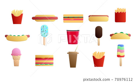 Set of 15 icons of items of delicious food and snacks for a cafe bar restaurant on a white background: fries, sandwich, ice cream, popcorn, drink Set of 15 icons of items of delicious food and snacks for a cafe bar restaurant on a white background: fries, sandwich, ice cream, popcorn, drink 78976112