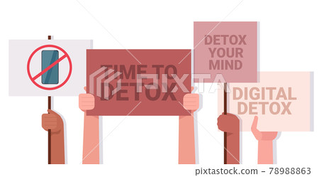 mix race activists hands holding posters with gadgets in red prohibition signs digital detox concept mix race activists hands holding posters with gadgets in red prohibition signs digital detox concept 78988863