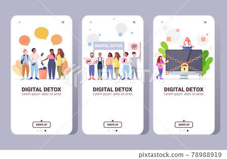 set people spending time without devices digital detox concept women men abandoning gadgets 78988919