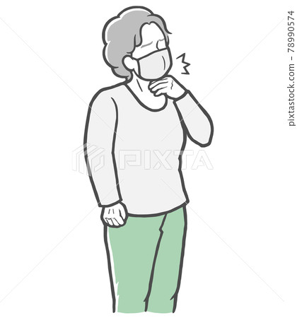 A middle-aged woman wearing long sleeves who feels sore throat while wearing a mask 78990574