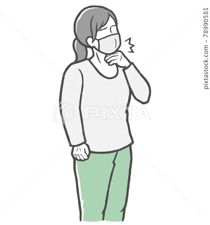A young woman in long sleeves who feels sore throat while wearing a mask A young woman in long sleeves who feels sore throat while wearing a mask 78990581