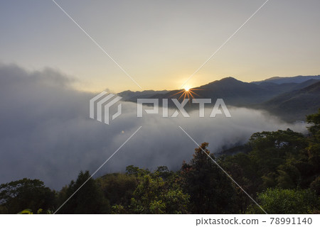 遠山天線上，陽光照射，青城煙霞，空中彩雲，虛幻浪漫。 78991140