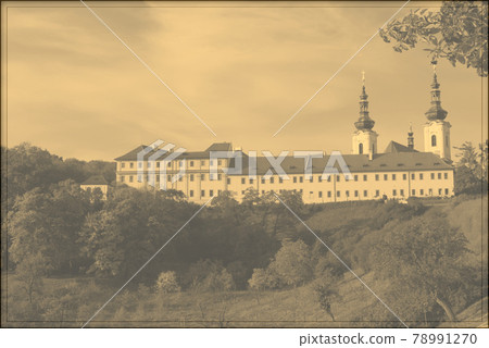 Strahov Monastery on a fall day. Autumn landscape. Monochrome image with a frame. Strahov Monastery on a fall day. Autumn landscape. Monochrome image with a frame. 78991270