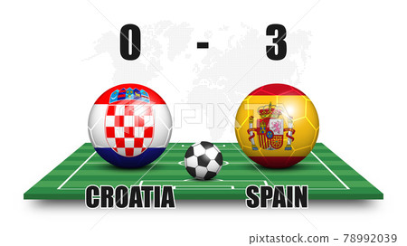 Croatia vs Spain . Soccer ball with national flag pattern on perspective football field . Dotted world map background . Football match result and scoreboard . Sport cup tournament . 3D vector design . Croatia vs Spain . Soccer ball with national flag pattern on perspective football field . Dotted world map background . Football match result and scoreboard . Sport cup tournament . 3D vector design . 78992039
