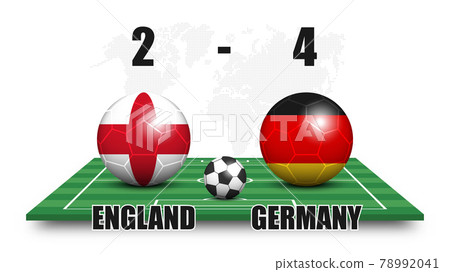 England vs Germany . Soccer ball with national flag pattern on perspective football field . Dotted world map background . Football match result and scoreboard . Sport cup tournament . 3D vector design England vs Germany . Soccer ball with national flag pattern on perspective football field . Dotted world map background . Football match result and scoreboard . Sport cup tournament . 3D vector design 78992041