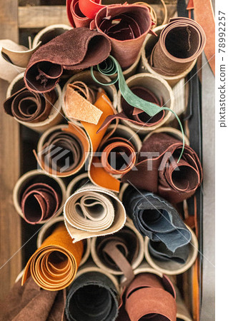 Material for creating handmade production at leather workshop. Storage organization at tannery Material for creating handmade production at leather workshop. Storage organization at tannery 78992257