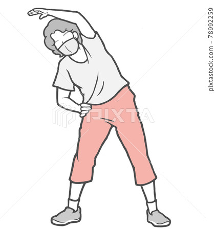 Mask radio calisthenics middle-aged woman stretch outside 78992259