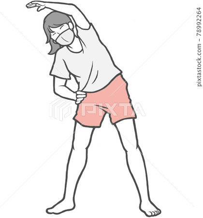 Mask radio calisthenics young woman stretch indoors Mask radio calisthenics young woman stretch indoors 78992264