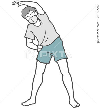 Mask radio calisthenics young men stretch indoors Mask radio calisthenics young men stretch indoors 78992265