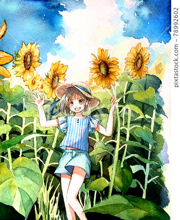 Girl in a sunflower field Saturated - Stock Illustration [78992602] - PIXTA
