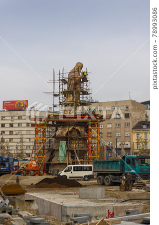 Belgrade, Serbia - November 23. 2020: Stefan Nemanja Monument under construction in front of old railway station in Belgrade, Serbia Belgrade, Serbia - November 23. 2020: Stefan Nemanja Monument under construction in front of old railway station in Belgrade, Serbia 78993086
