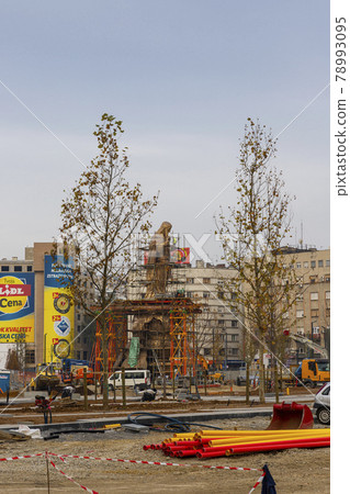Belgrade, Serbia - November 23. 2020: Stefan Nemanja Monument under construction in front of old railway station in Belgrade, Serbia Belgrade, Serbia - November 23. 2020: Stefan Nemanja Monument under construction in front of old railway station in Belgrade, Serbia 78993095