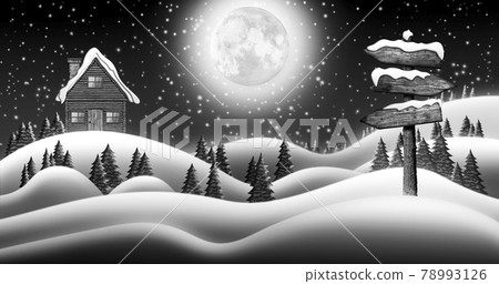 Santa Clause House in Snow Fields In Winter Christmas Night With Directional Sign Leading To Elf Village, North Pole and Santas House 3D illustration 78993126