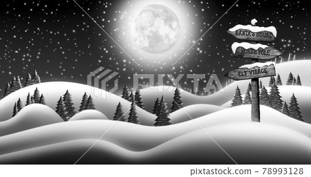 Christmas Night and the Snow Fields with Directional Sign Leading To Elf Village, North Pole and Santas House 3D illustration Christmas Night and the Snow Fields with Directional Sign Leading To Elf Village, North Pole and Santas House 3D illustration 78993128