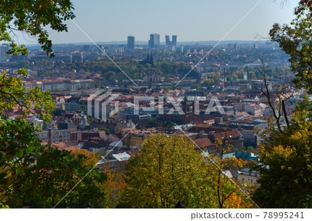 View of Prague through the branches of autumn trees. 78995241