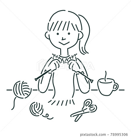 Line drawing illustration of a girl knitting a muffler Line drawing illustration of a girl knitting a muffler 78995306