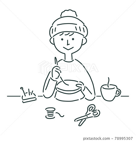 Line drawing illustration of a boy embroidering Line drawing illustration of a boy embroidering 78995307