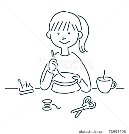 Line drawing illustration of a girl embroidering 78995308