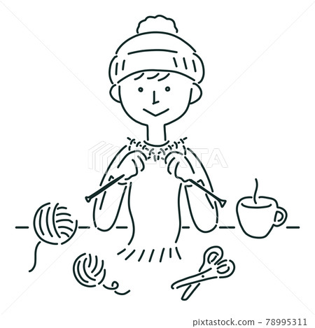 Illustration of a boy wearing a knit cap knitting a muffler Illustration of a boy wearing a knit cap knitting a muffler 78995311