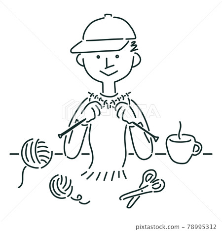 Illustration of a boy wearing a cap knitting a muffler Illustration of a boy wearing a cap knitting a muffler 78995312