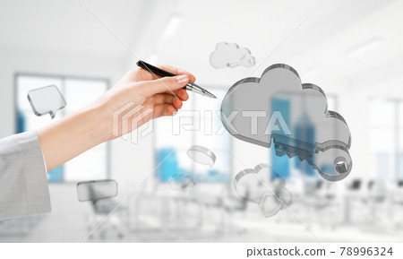 Female hand with pen and cloud computing concept in modern interior. Mixed media 78996324