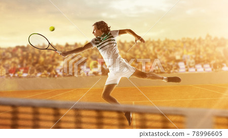 Young caucasian male tennis player playing tennis at court during match. Artwork, collage. Concept of action, sport concept 78996605