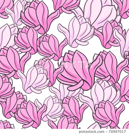 Hand drawn seamless doodle pattern with abstract random pink outline magnolia flowers print. 78997017