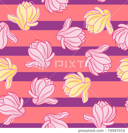 Decorative seamless pattern with random pink and yellow magnolia flowers shapes. Striped background. Decorative seamless pattern with random pink and yellow magnolia flowers shapes. Striped background. 78997018
