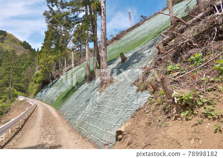 災後1個月，京都府道361號上黑田貴船線-道路左右兩側的陡坡和舖有碎石的人行道 78998182