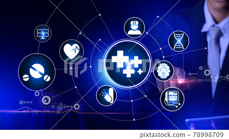 Medical Icon Concept Rotating wheel with icon surrounded by city Center and spoke Concept 78998709