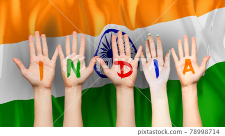 Animated India flag with animated hand with text writing as INDIA 78998714