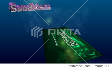 Saudi Arabia flag and country name text 6-2-3 flying in space 79003055