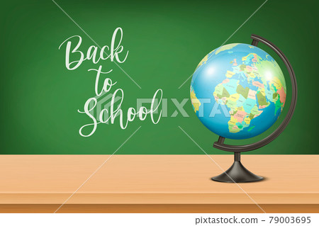 Back to School. Vector 3d Realistic Green Chalkboard, Wooden Frame and Globe of Planet Earth with Political Map of World on Desk. Chalkboard Design Template, Banner. Board for Classroom, Front View 79003695