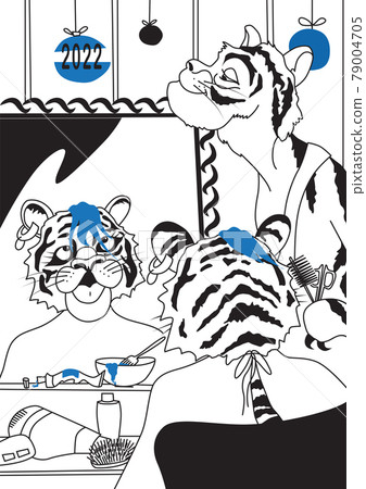 Tiger hair dyeing blue. Symbol New Year 2022. Beauty salon illustration vector card print. Humor fun, preparation for the holiday. Decorating Christmas balls. Tiger hair dyeing blue. Symbol New Year 2022. Beauty salon illustration vector card print. Humor fun, preparation for the holiday. Decorating Christmas balls. 79004705