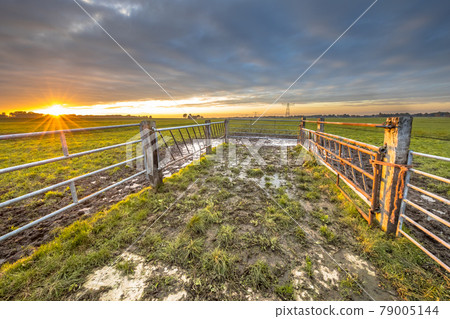 Sunset over gate in lowland meadow Sunset over gate in lowland meadow 79005144