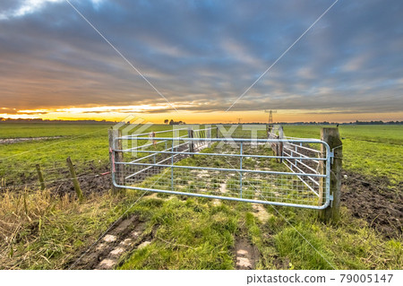 Sunset over gate in lowland meadow Sunset over gate in lowland meadow 79005147