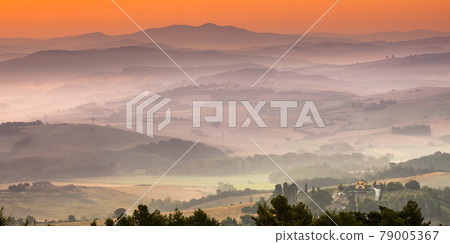 Tuscany orange foggy landscape scene 79005367
