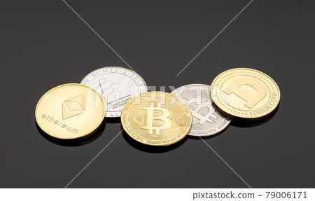 Cryptocurrency coins on dark background. Blockchain money 79006171