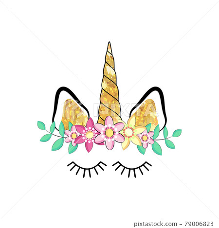 Fabulous cute unicorn with golden gilded horn and closed eyes 79006823