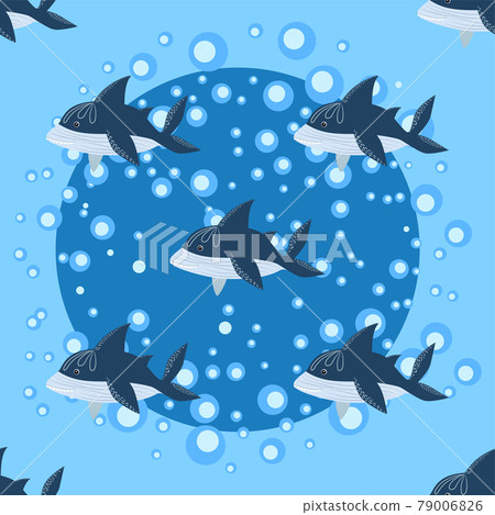 Shark in Scandinavian style surrounded by fish, starfish, seaweed, seashells, hand drawn 79006826