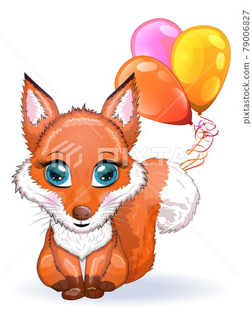 Fox cute character with beautiful eyes with balloons, greeting card 79006827