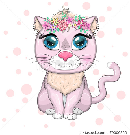 Cute cartoon pink cat, kitten on a background of flowers Cute cartoon pink cat, kitten on a background of flowers 79006833